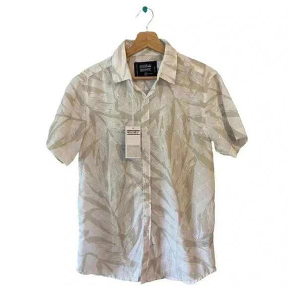 MONUMENT MEN'S SHIRT SIZE MEDIUM WHITE/BEIGE FLORAL SHORT SLEEVES BUTTON DOWN - Picture 1 of 7